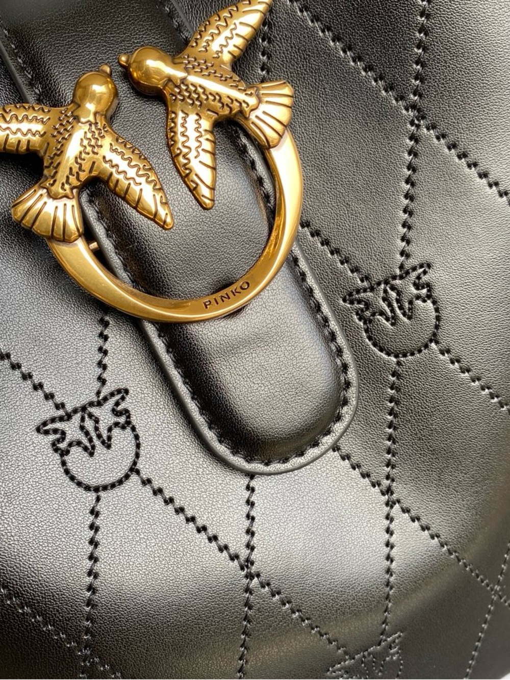 Pinko Black Quilted Leather Crossbody with Gold Love Birds Hardware - Picture 8 of 9